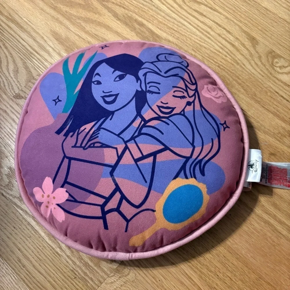 Disney Store Princess Circle Pillow Cushion Mulan Belle Beauty Beast Pink Blue